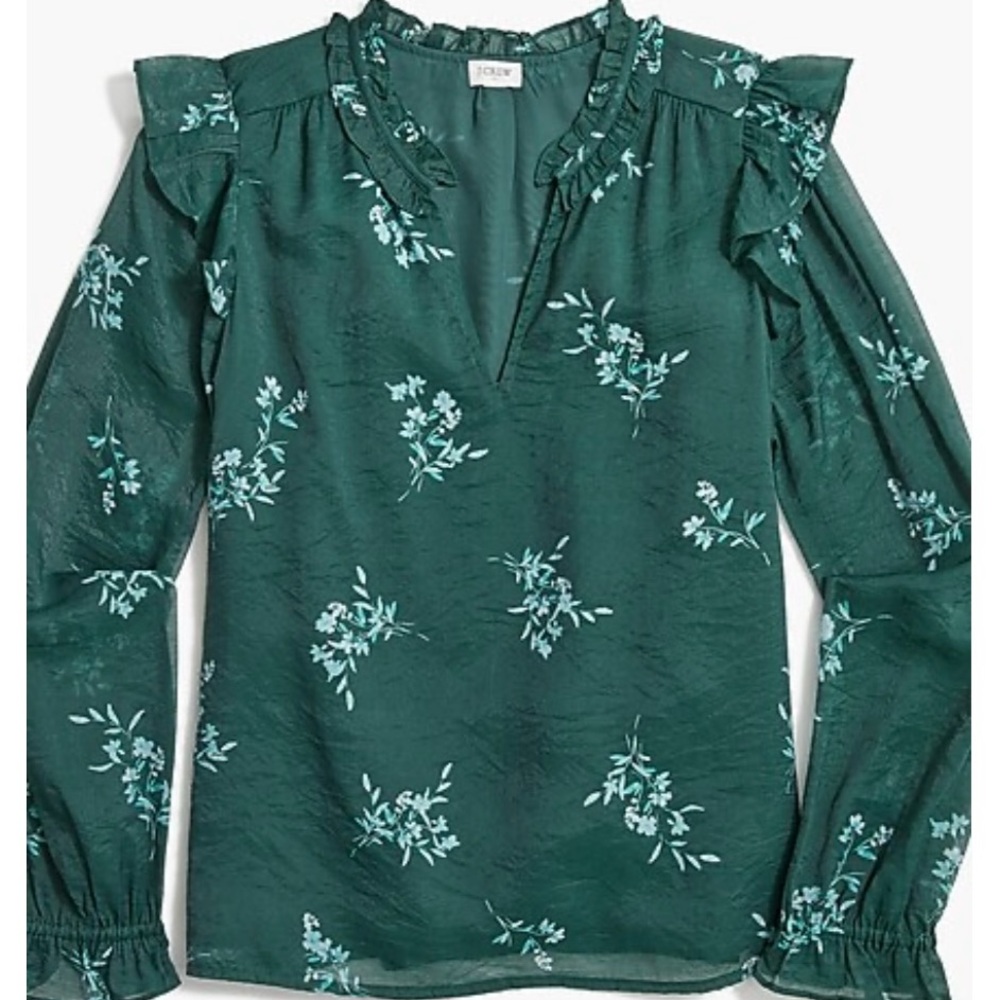J. Crew Green Floral Ruffle Blouse